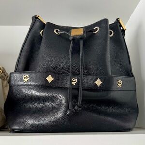MCM Black Leather Drawstring Bucket Bag